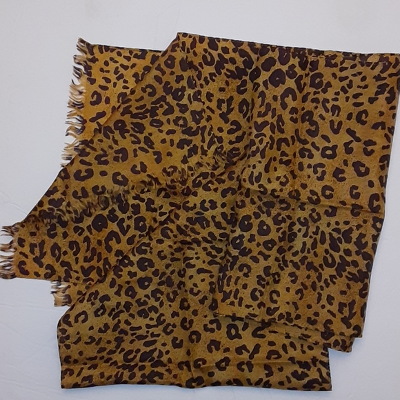 Leopard Print Silk Scarf Rectangle Raw Fringle Multi Ply Soft Luxurious - Picture 2 of 5